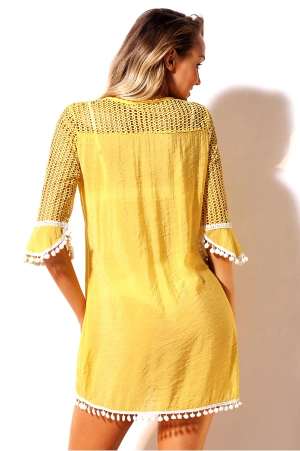 Butter Crochet Insert  Pom Pom Trim Tunic Cover Up Dress 